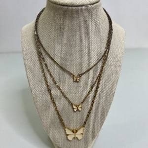 Butterfly Necklace‎ Layered Gold Tone White Boho Hippie Multi Strand Enamel Look